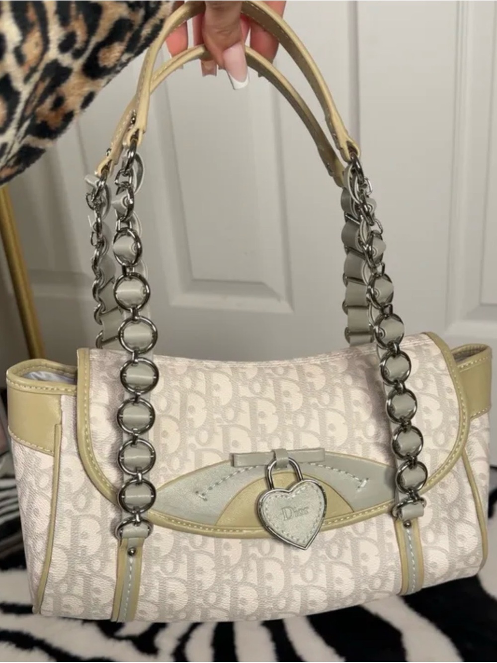Vintage Dior Beige & Cream Logo Canvas Shoulder Bag with Heart Lock